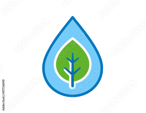 Water drop with leaf icon, water conservation concept, single icon