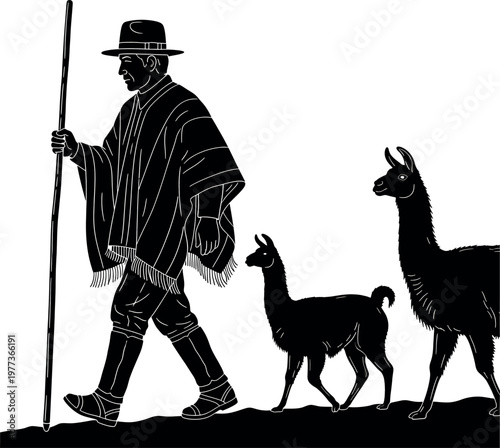 A striking black and white illustration depicts a traveler with a llama evoking a sense of adventure and solitude