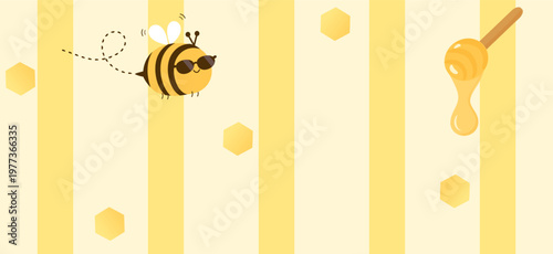 Cute bee with sunglasses honey dipper and striped seamless pattern pastel background design.