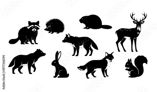 Stylized wild animal silhouette icons with raccoon deer wolf bear and rabbit modern black vector set