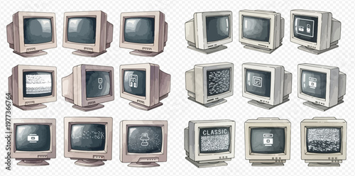 Collection of vintage computer monitors with various screen displays, illustrating retro technology and digital aesthetics.