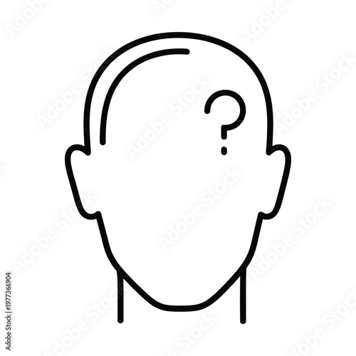 Confused human head line icon with question mark, thinking person silhouette vector, mental health and problem solving concept, minimalist brain fog illustration