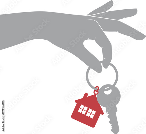 A grey silhouette of a human hand holding a metal keyring with a silver door key and a red house shaped keychain against a plain white background