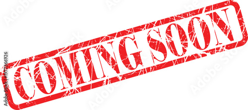 A red and white coming soon stamp on a plain white background