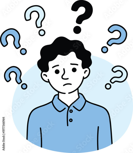 A confused young man with curly black hair wearing a blue polo shirt surrounded by floating question marks in a flat style with a light blue circular background behind him