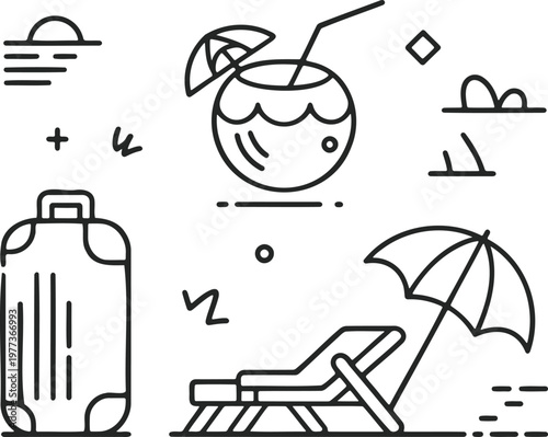 Black and white line composition featuring a travel suitcase a coconut drink with a straw and umbrella a beach lounge chair with a parasol and small abstract representing a summer vacation