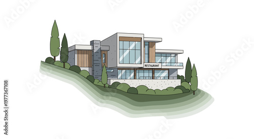 Modern Restaurant Building Illustration with Glass Windows and Wooden Accents