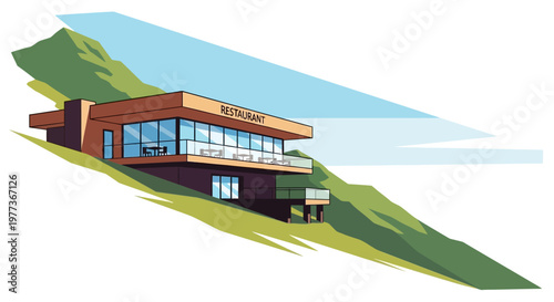 Modern Restaurant Building on Hillside with Glass Windows and Balcony