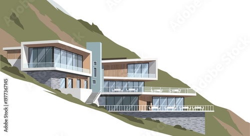 Modern Architectural Illustration of a Multi-Level House with Glass Walls and Balconies
