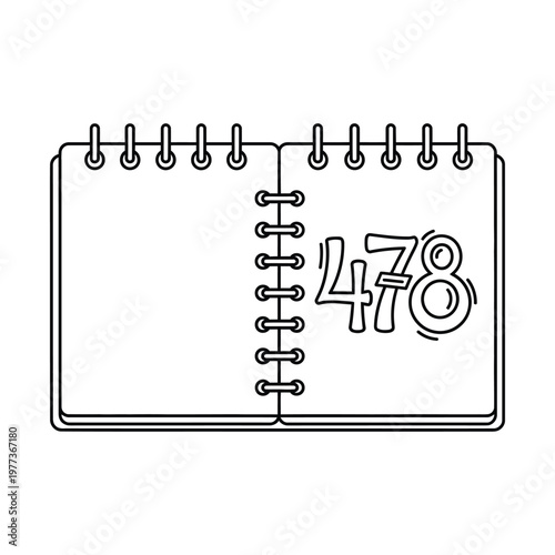 Minimalist spiral notebook vector illustration with number 478, open wire-bound notepad line art, blank diary pages for journaling and planning, simple black and white sketch
