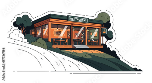 Vector Illustration of a Cozy Restaurant Building with Orange and Green Tones