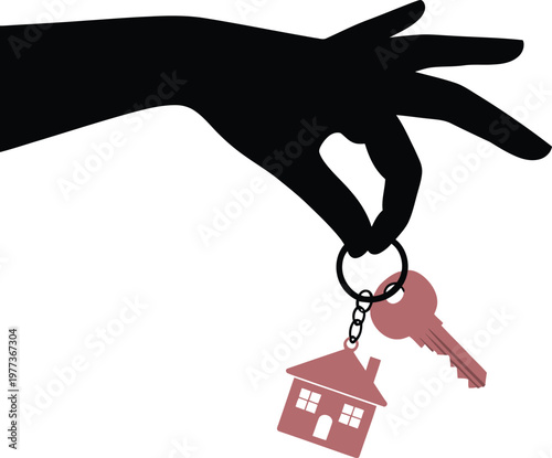 Black silhouette of a human hand holding a metal keyring with a pink house shaped keychain and a matching house key against a plain white background 1
