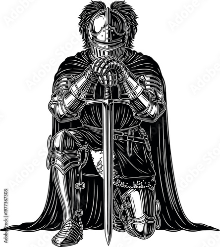 Title a somber knight in full armor kneels with a sword lost in thought and contemplation a symbol of medieval chivalry