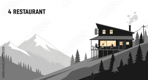 Vector Illustration of a Mountain Restaurant with People Dining Outdoors.