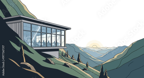 Modern Glass Building Perched on Mountain with People Dining Inside