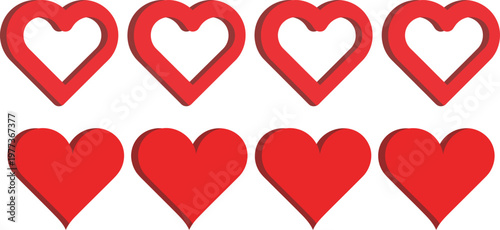 Eight red heart shapes arranged in two rows with four solid hearts on the bottom and four hollow heart outlines on the against a white background
