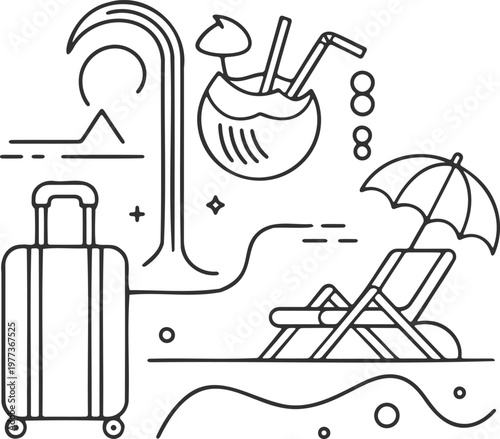 Linear travel set featuring a suitcase coconut drink with straw and umbrella and a beach lounge chair under a sun umbrella on a sandy shore with abstract sun and palm tree