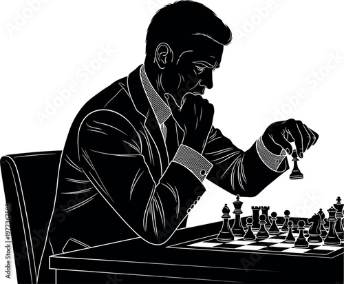 Title intense chess match a black and white illustration of a focused player in deep thought description a striking black and white illustration depicts a