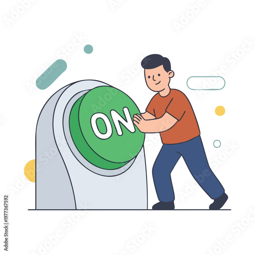 Man Pushing a Large Green ON Button.