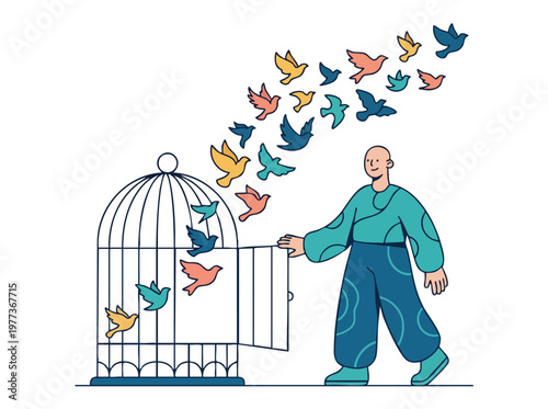 Man releasing birds from a cage symbolizing freedom and new beginnings.