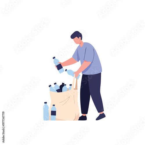 Man Recycling Plastic Bottles into a Bag.