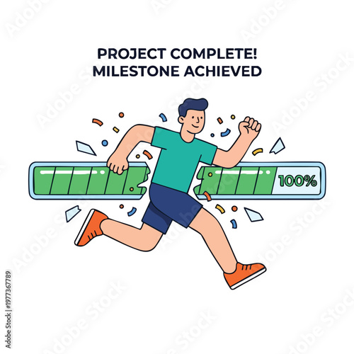 Man running celebrating project completion and milestone achievement.