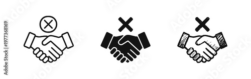 Handshake with Cross Mark Icon Set representing Cancelled Agreement or Disagreement