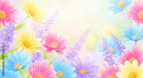 Colorful Daisy and Lavender Flowers in Soft Pastel Light Perfect Springtime Background