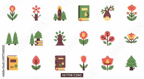 Collection of stylized vector icons representing nature and education.