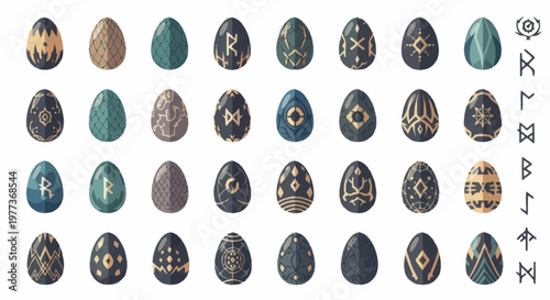 Collection of intricately decorated Easter eggs with ancient runes.