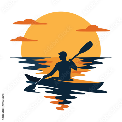 Kayaker Silhouette with Sunset Reflection Vector Illustration, Calm Lake Scene, retro kayaking, vintage kayak 