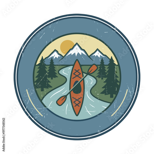 Kayaker Silhouette with Sunset Reflection Vector Illustration, Calm Lake Scene, retro kayaking, vintage kayak 