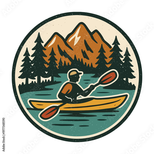 Kayaker Silhouette with Sunset Reflection Vector Illustration, Calm Lake Scene, retro kayaking, vintage kayak 