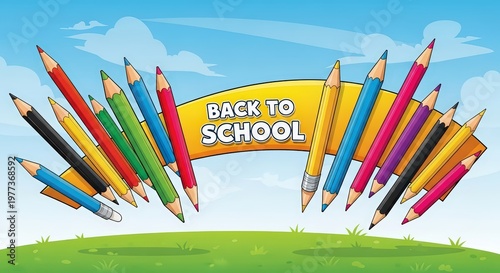 Colorful Pencils Form Archway Over Back To School Banner on Grassy Hill Under Blue Sky