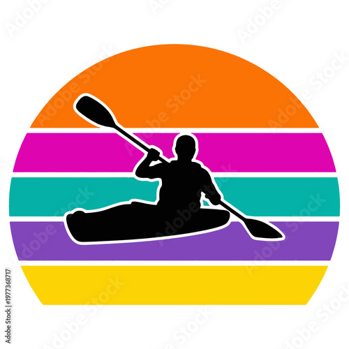Kayaker Silhouette with Sunset Reflection Vector Illustration, Calm Lake Scene, retro kayaking, vintage kayak 