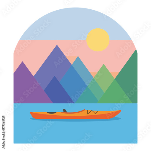 Kayaker Silhouette with Sunset Reflection Vector Illustration, Calm Lake Scene, retro kayaking, vintage kayak 