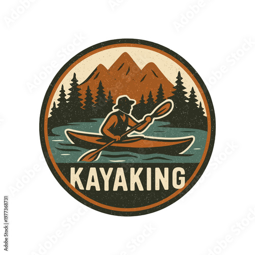 Kayaker Silhouette with Sunset Reflection Vector Illustration, Calm Lake Scene, retro kayaking, vintage kayak 