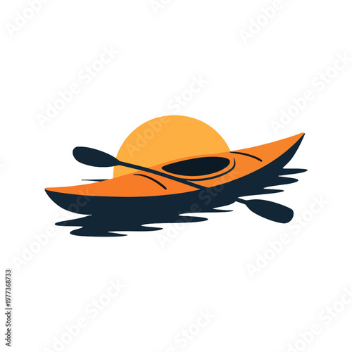 Kayaker Silhouette with Sunset Reflection Vector Illustration, Calm Lake Scene, retro kayaking, vintage kayak 