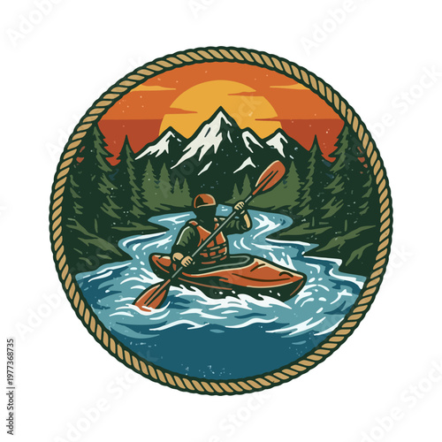 Kayaker Silhouette with Sunset Reflection Vector Illustration, Calm Lake Scene, retro kayaking, vintage kayak 