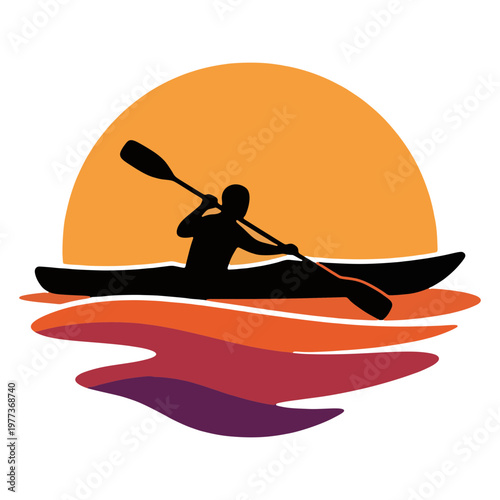 Kayaker Silhouette with Sunset Reflection Vector Illustration, Calm Lake Scene, retro kayaking, vintage kayak 