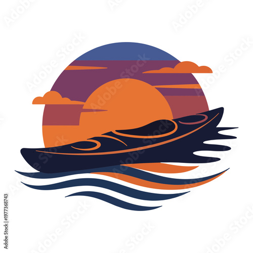 Kayaker Silhouette with Sunset Reflection Vector Illustration, Calm Lake Scene, retro kayaking, vintage kayak 