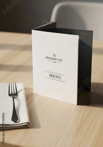 Restaurant folded menu brochure is displayed on wooden table with napkin and fork creating clean elegant arrangement sophisticated