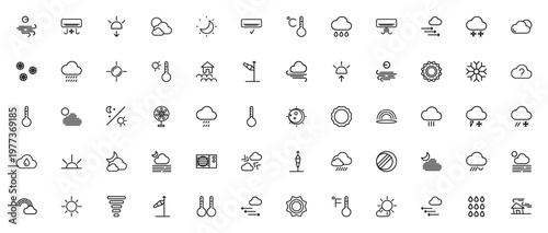 Weather Icon Set. Vector climate symbols collection. Includes wind, sun, rain, snow, cloud, temperature, rainbow, tornado and more. Editable stroke.