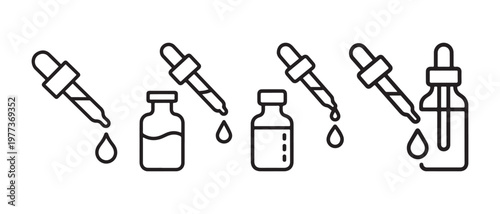 Collection of line icons showing droppers dispensing liquid into small bottles and vials, symbolizing medication or science..
