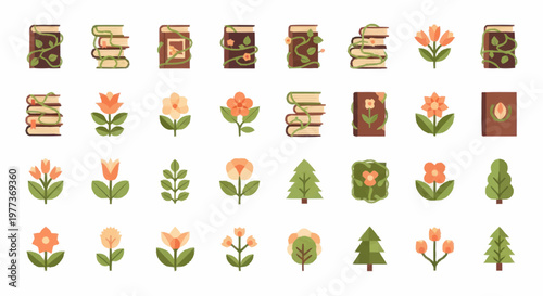 Flowers and books icons set.