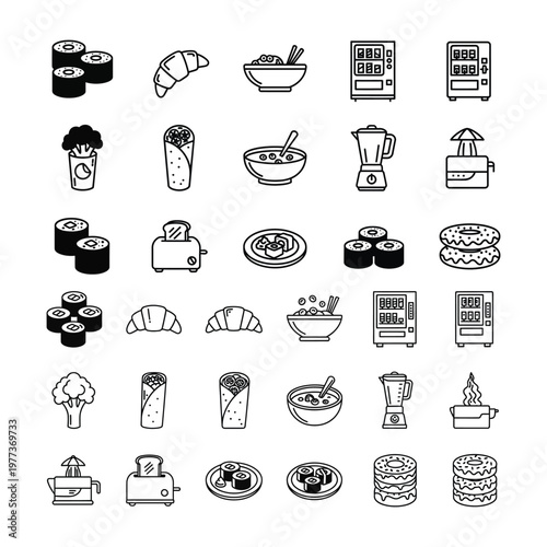 Collection of minimalist food and kitchen appliance icons in black and white