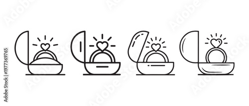 Engagement rings in open boxes, with heart-shaped diamonds and sparkling light effects.