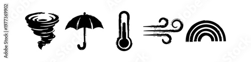 Black Hand Drawn Weather Icon Set featuring Tornado, Umbrella, Thermometer, Wind, and Rainbow Symbols Isolated on White Background in Artistic Woodcut Style