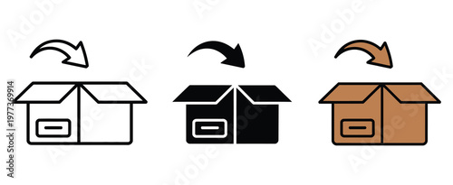 Open, cardboard box and return arrow icon set, vector illustration, product return policy, order exchange, unboxing and shipping symbols, e-commerce and logistics vector graphics, flat icons for apps,