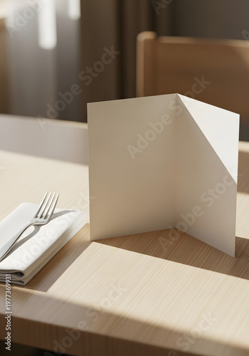 Folded menu brochure mockup is placed on dining table with napkin and fork beside in simple elegant presentation refined